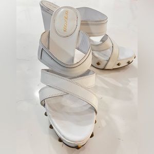 SERGIO ROSSI White Spiked Leather Platform Sandal Shoes Size 40